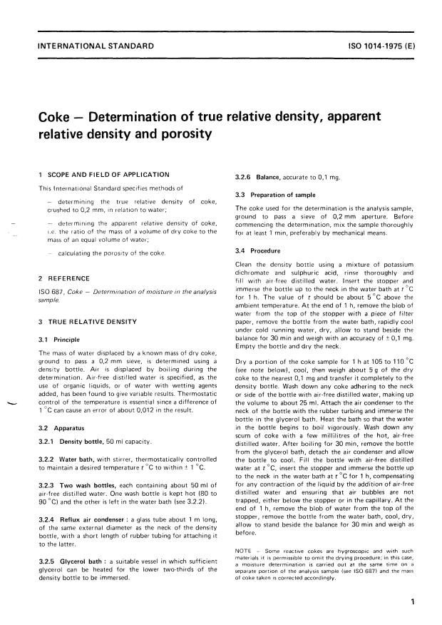 ISO 1014:1975 - Coke -- Determination of true relative density, apparent relative density and porosity