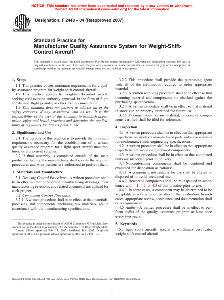 ASTM F2448-04(2007) - Standard Practice for Manufacturer Quality Assurance System for Weight-Shift-Control Aircraft