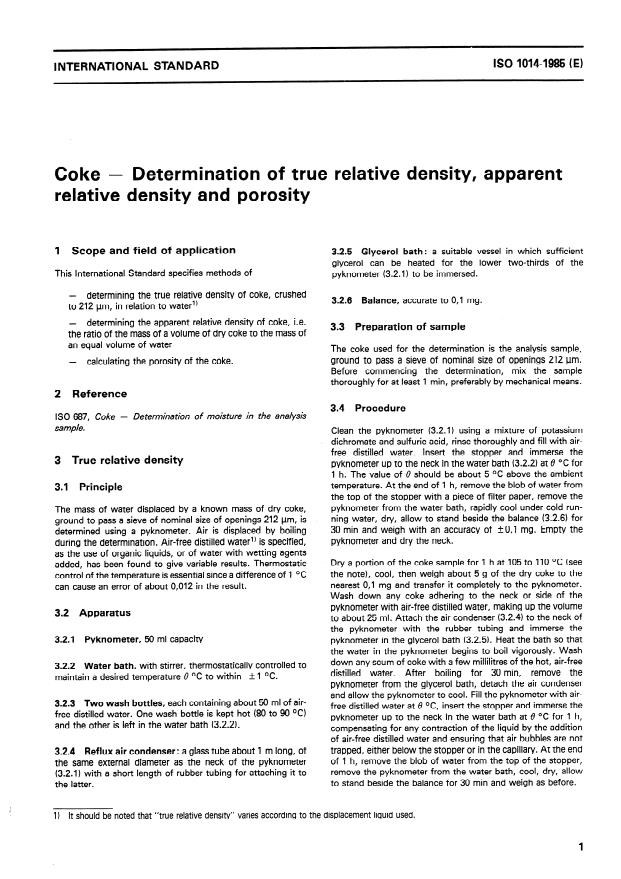 ISO 1014:1985 - Coke -- Determination of true relative density, apparent relative density and porosity