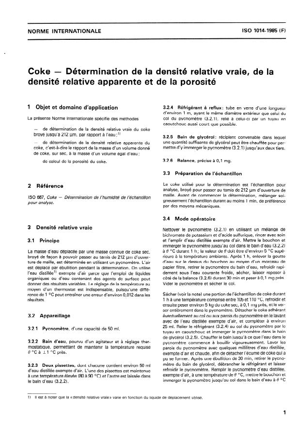 ISO 1014:1985 - Coke -- Détermination de la densité relative vraie, de la densité relative apparente et de la porosité