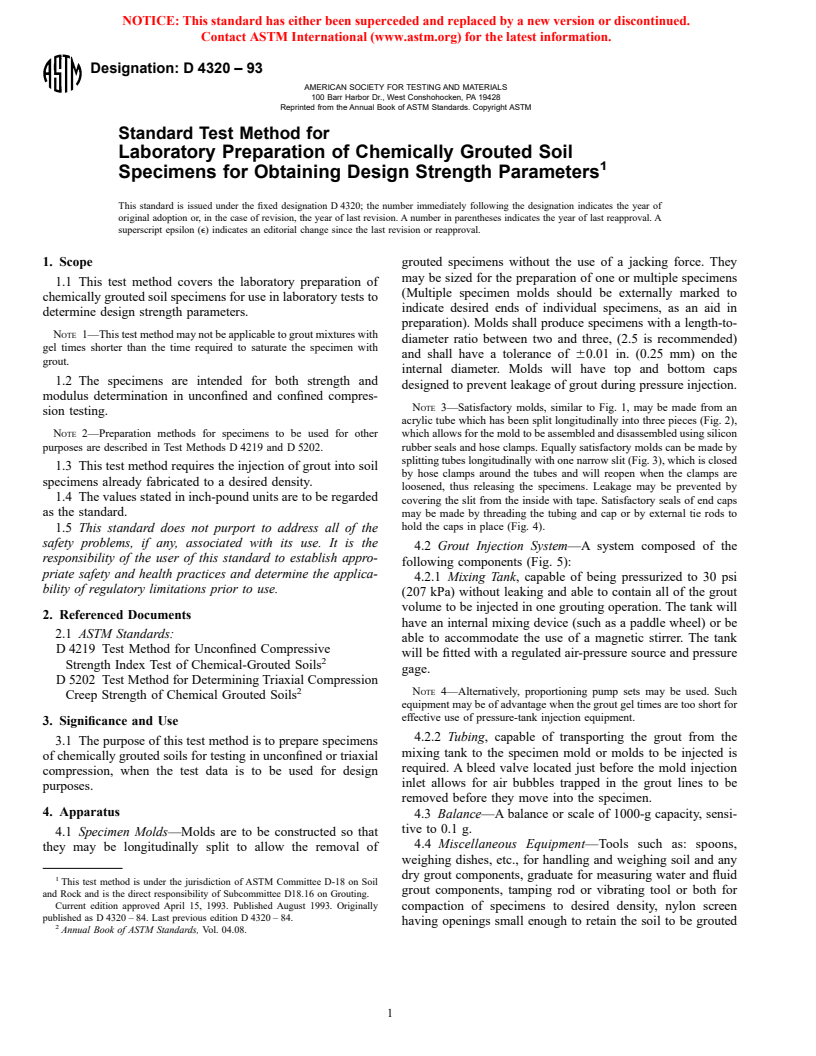 ASTM D4320-93 - Standard Test Method for Laboratory Preparation of Chemically Grouted Soil Specimens for Obtaining Design Strength Parameters