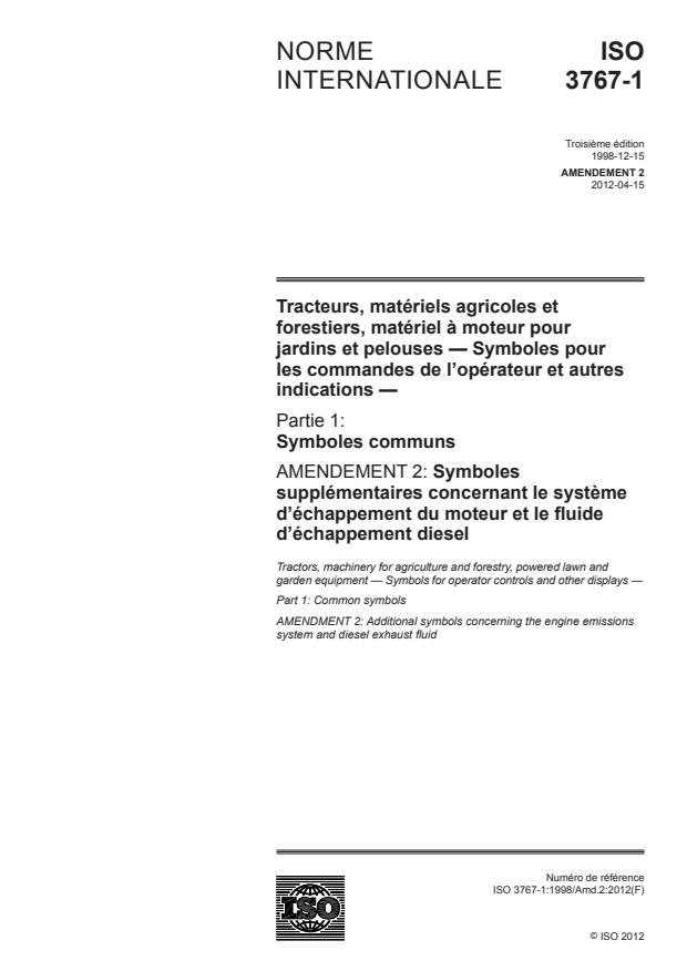 ISO 3767-1:1998/Amd 2:2012 - Symboles supplémentaires concernant le systeme d'échappement du moteur et le fluide d'échappement diesel