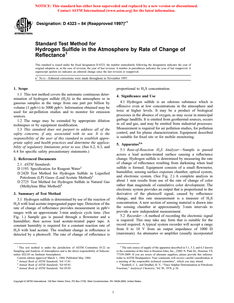 ASTM D4323-84(1997)e1 - Standard Test Method for Hydrogen Sulfide in the Atmosphere by Rate of Change of Reflectance