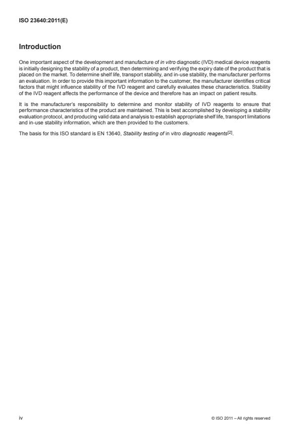 ISO 23640:2011 ISO 23640:2011 - In vitro diagnostic medical devices -- Evaluation of stability of in vitro diagnostic reagents - Page 4 preview