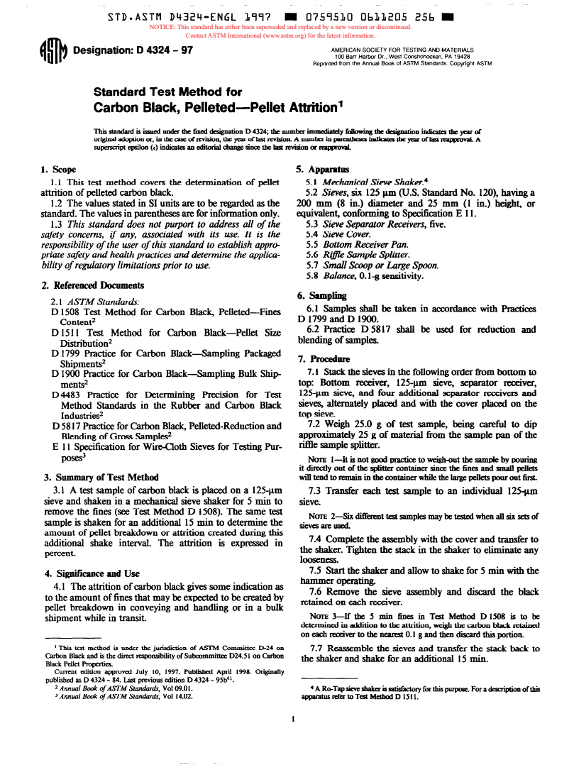 ASTM D4324-97 - Standard Test Method for Carbon Black, Pelleted-Pellet Attrition (Withdrawn 1998)