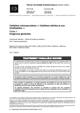 ISO 10555-1:2013 - Cathéters intravasculaires -- Cathéters stériles et non réutilisables