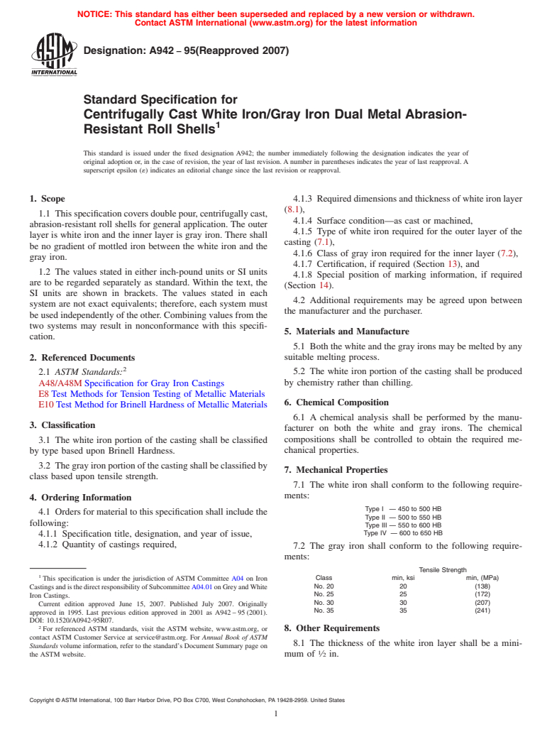 ASTM A942-95(2007) - Standard Specification for Centrifugally Cast White Iron/Gray Iron Dual Metal Abrasion-Resistant Roll Shells