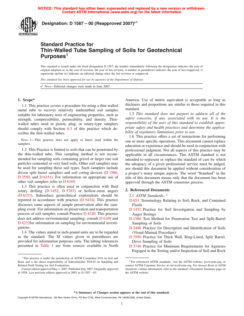 ASTM D1587-00(2007)e1 - Standard Practice for Thin-Walled Tube Sampling of Soils for Geotechnical Purposes