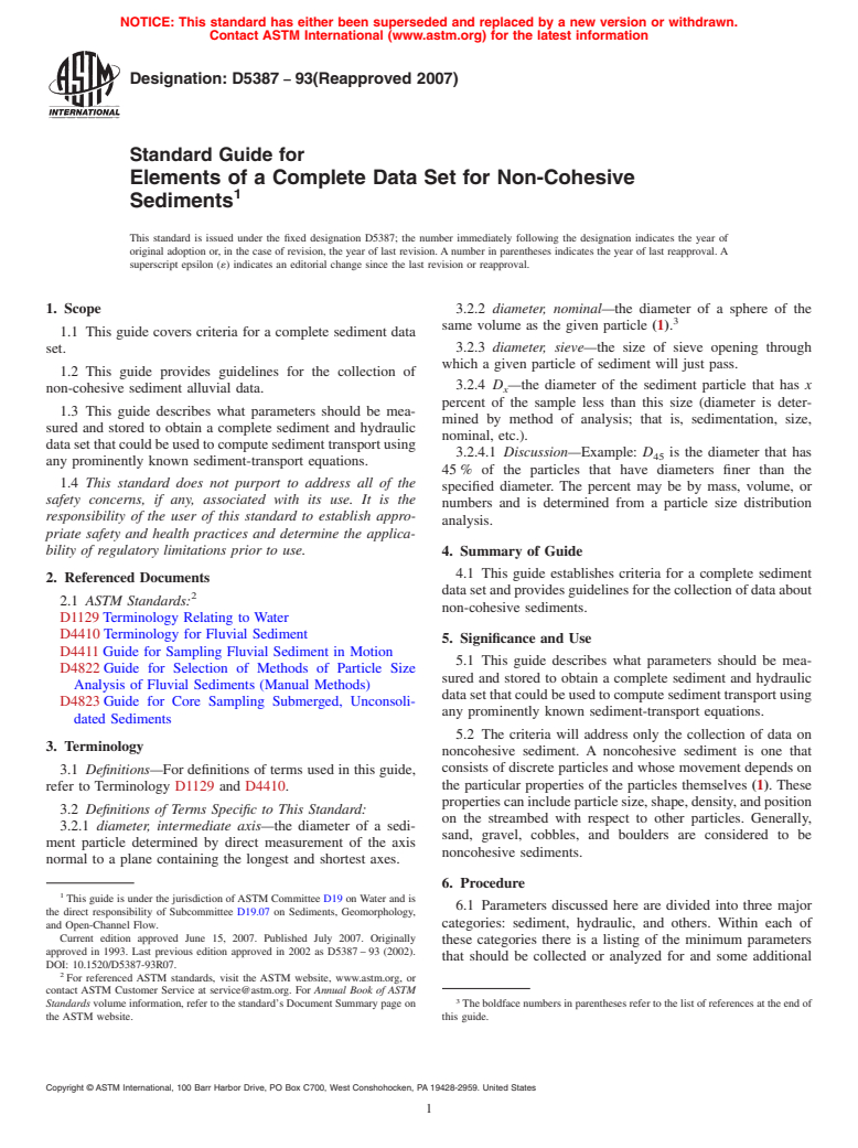 ASTM D5387-93(2007) - Standard Guide for Elements of a Complete Data Set for Non-Cohesive Sediments