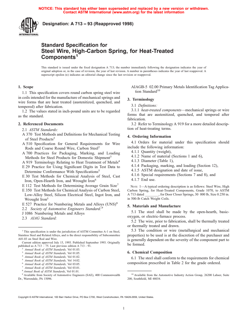 ASTM A713-93(1998) - Standard Specification for Steel Wire, High-Carbon Spring, for Heat-Treated Components