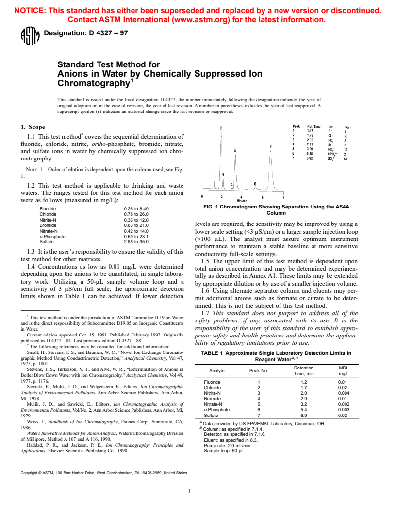 ASTM D4327-97 - Standard Test Method for Anions in Water by Chemically Suppressed Ion Chromatography