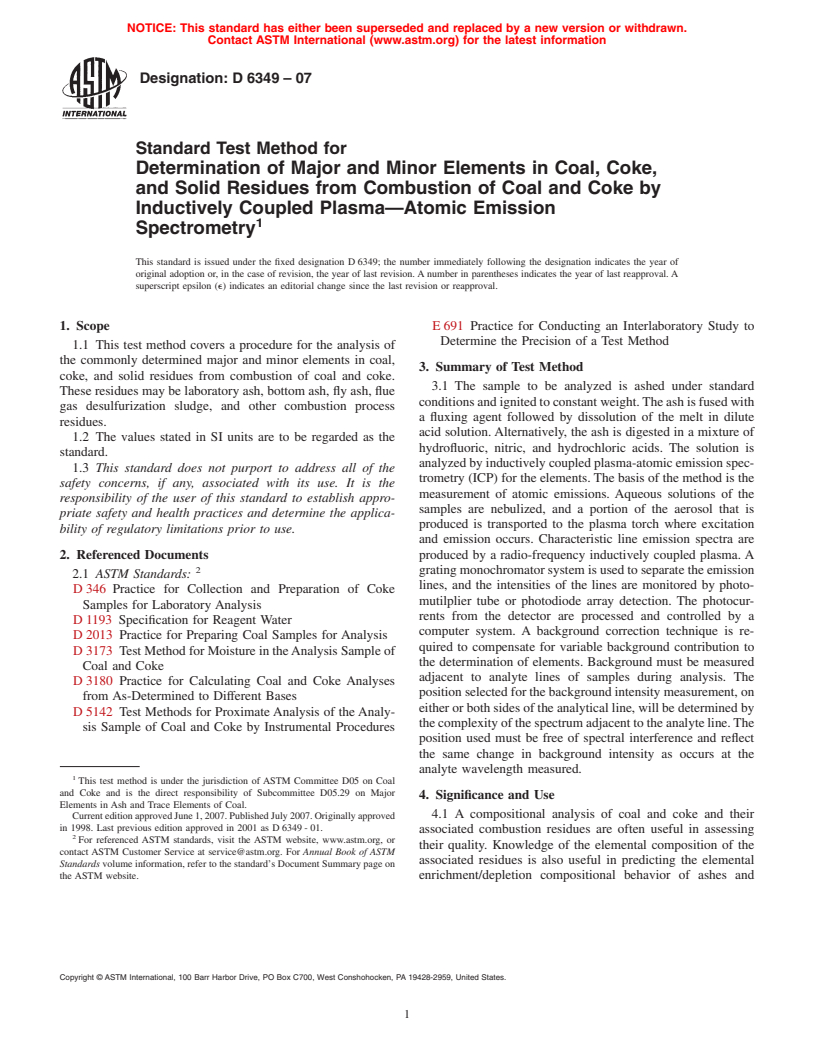 ASTM D6349-07 - Standard Test Method for Determination of Major and Minor Elements in Coal, Coke, and Solid Residues from Combustion of Coal and Coke by Inductively Coupled Plasma-Atomic Emission Spectrometry