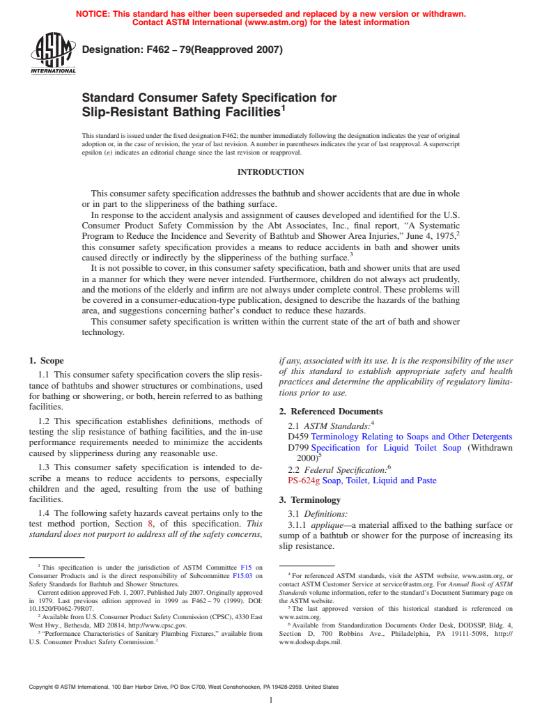 ASTM F462-79(2007) - Standard Consumer Safety Specification for Slip-Resistant Bathing Facilities (Withdrawn 2016)