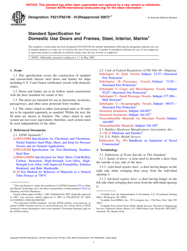 ASTM F821/F821M-01(2007)e1 - Standard Specification for Domestic Use Doors and Frames, Steel, Interior, Marine