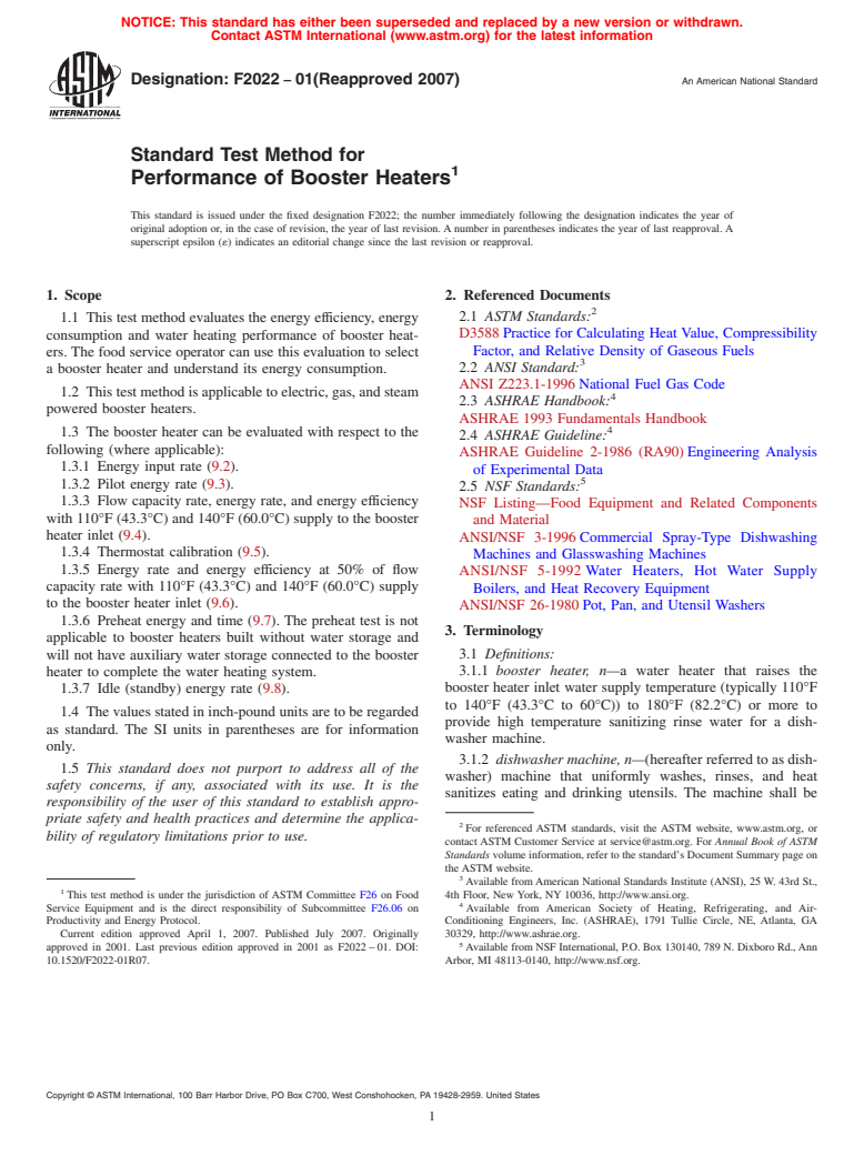 ASTM F2022-01(2007) - Standard Test Method for Performance of Booster Heaters