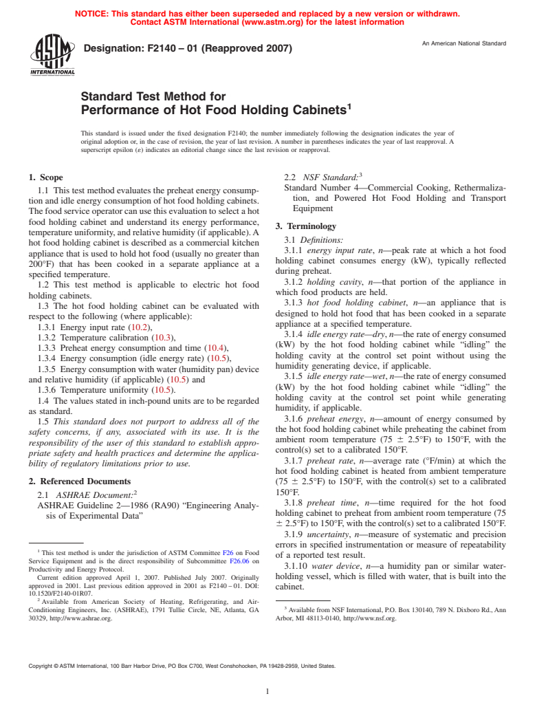 ASTM F2140-01(2007) - Standard Test Method for Performance of Hot Food Holding Cabinets