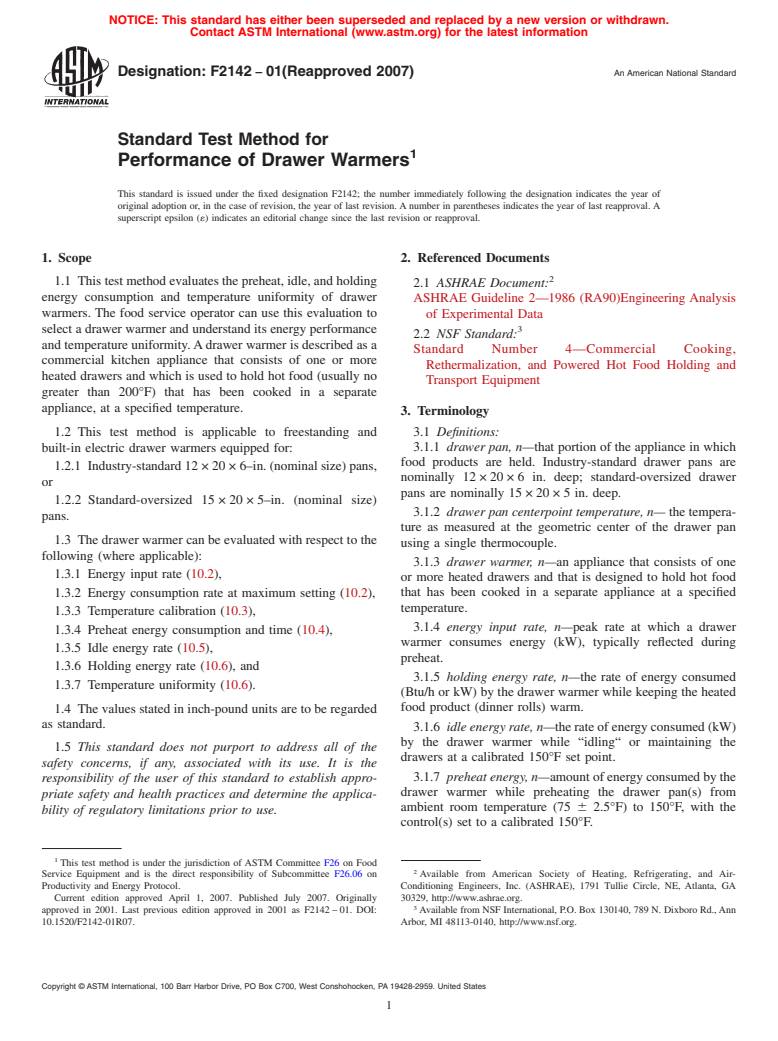 ASTM F2142-01(2007) - Standard Test Method for Performance of Drawer Warmers