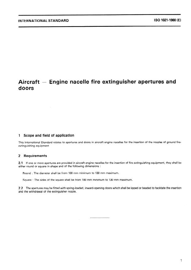 ISO 1021:1980 - Aircraft -- Engine nacelle fire extinguisher apertures and doors