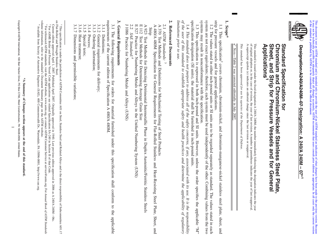 REDLINE ASTM A240/A240M-07e1 - Standard Specification for Chromium and Chromium-Nickel Stainless Steel Plate, Sheet, and Strip for Pressure Vessels and for General Applications