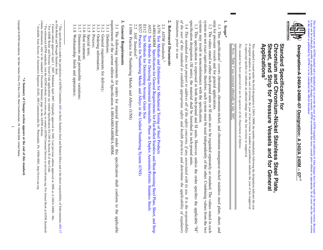 REDLINE ASTM A240/A240M-07e1 - Standard Specification for Chromium and Chromium-Nickel Stainless Steel Plate, Sheet, and Strip for Pressure Vessels and for General Applications