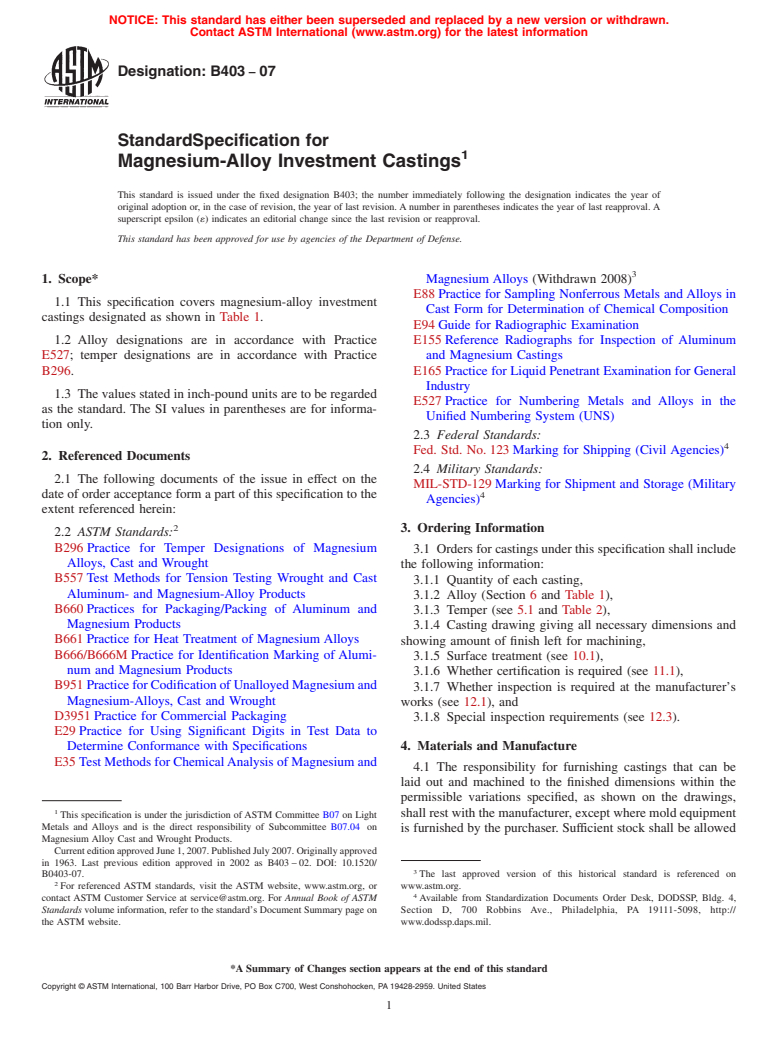 ASTM B403-07 - Standard Specification for Magnesium-Alloy Investment Castings