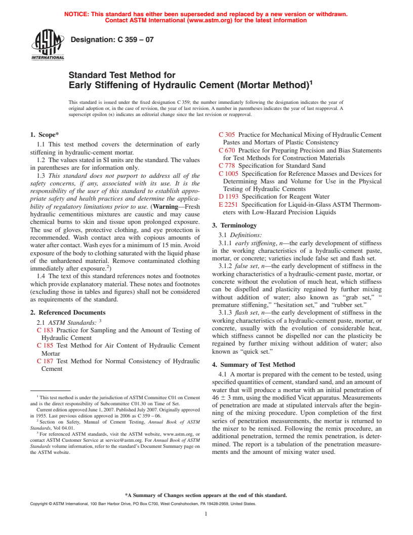 ASTM C359-07 - Standard Test Method for Early Stiffening of Hydraulic Cement (Mortar Method)