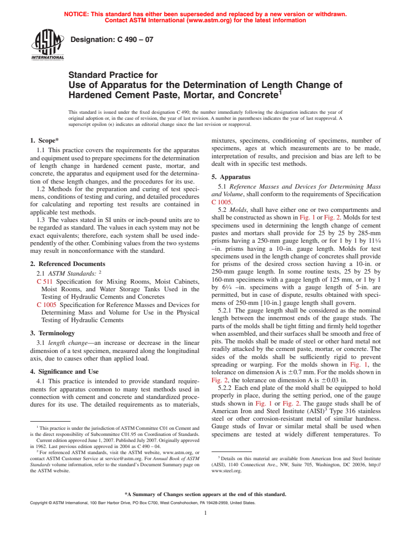 ASTM C490-07 - Standard Practice for Use of Apparatus for the Determination of Length Change of Hardened Cement Paste, Mortar, and Concrete