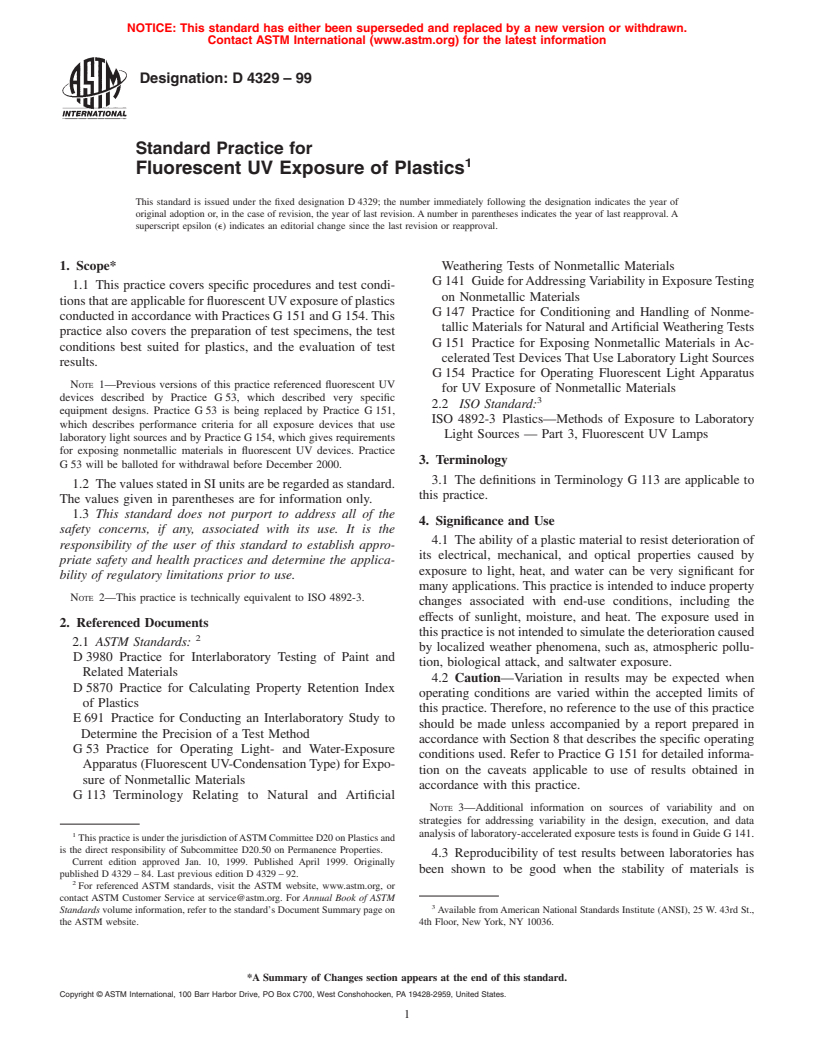 ASTM D4329-99 - Standard Practice for Fluorescent UV Exposure of Plastics