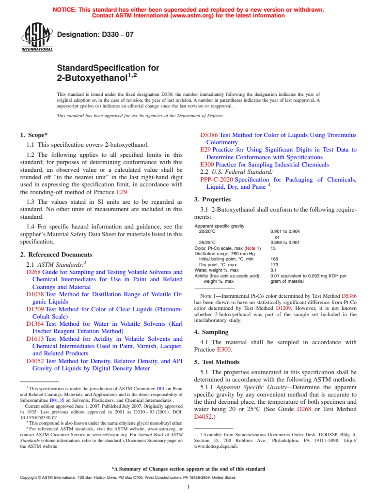 ASTM D330-07 - Standard Specification for 2-Butoxyethanol