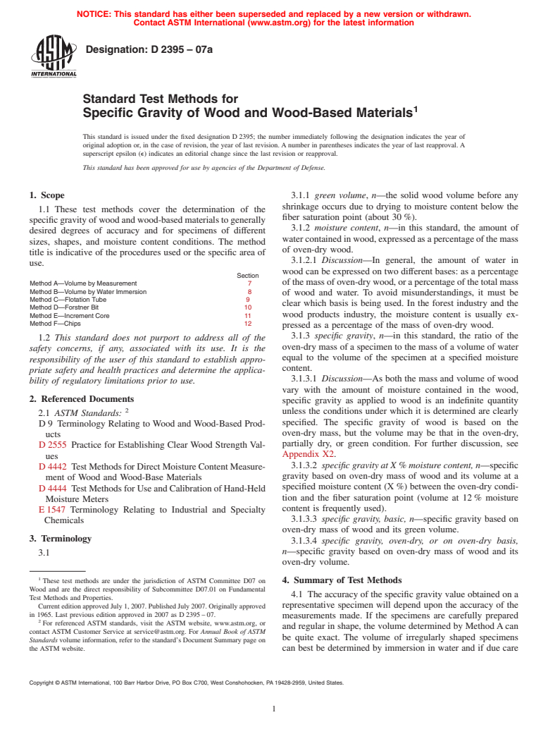 ASTM D2395-07a - Standard Test Methods for Specific Gravity of Wood and Wood-Based Materials