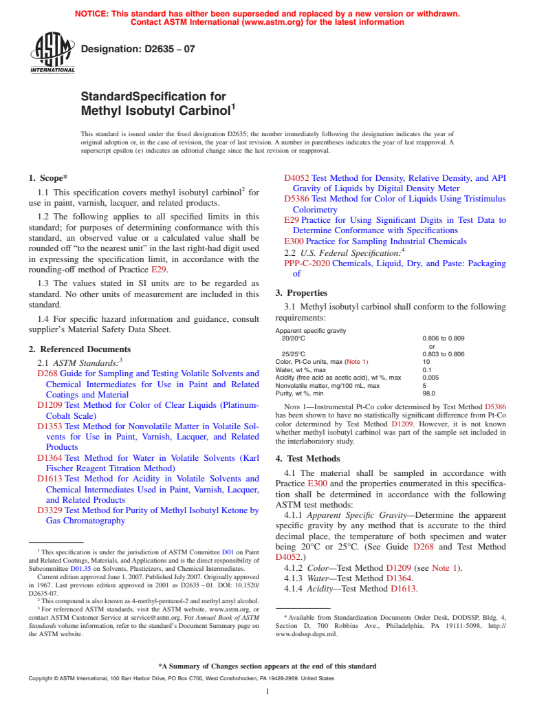 ASTM D2635-07 - Standard Specification for Methyl Isobutyl Carbinol