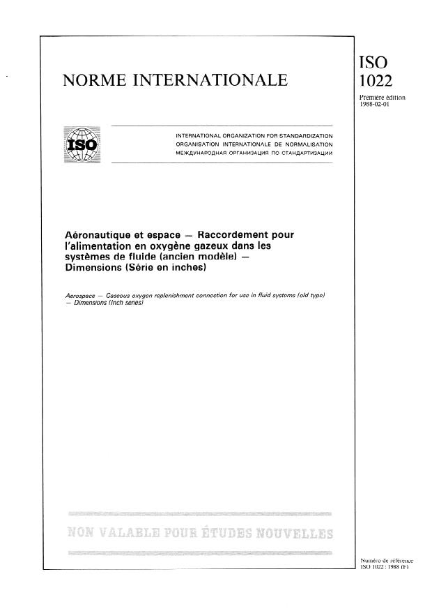 ISO 1022:1988 - Aéronautique et espace -- Raccordement pour l'alimentation en oxygene gazeux dans les systemes de fluide