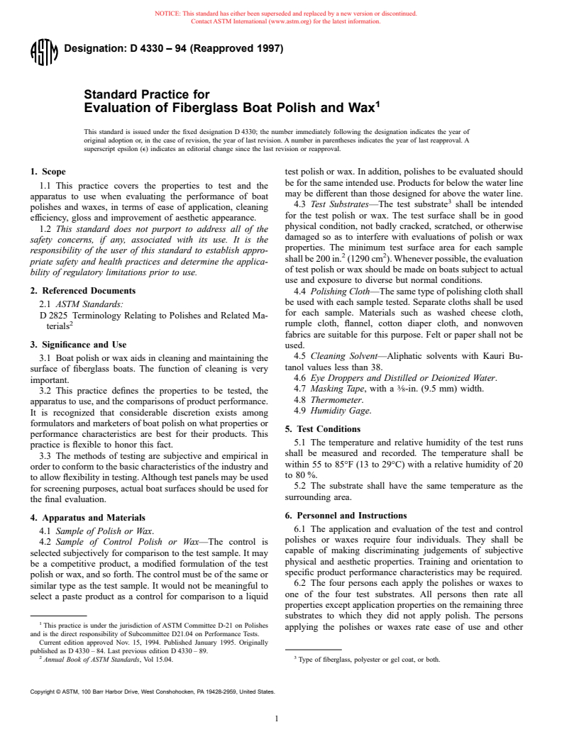 ASTM D4330-94(1997) - Standard Practice for Evaluation of Fiberglass Boat Polish and Wax