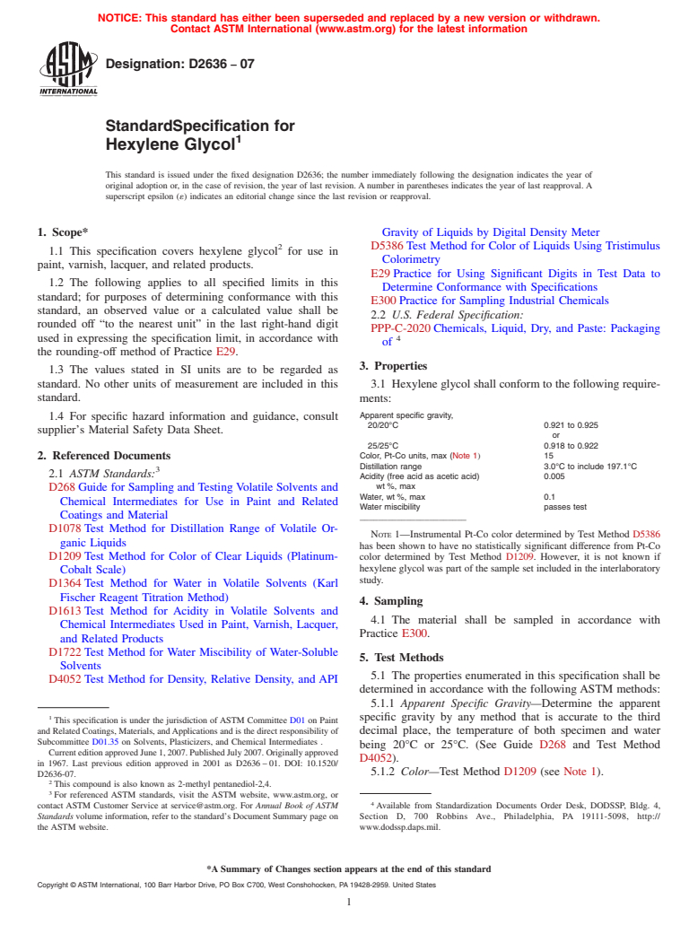 ASTM D2636-07 - Standard Specification for Hexylene Glycol