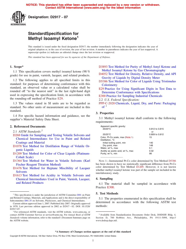 ASTM D2917-07 - Standard Specification for Methyl Isoamyl Ketone