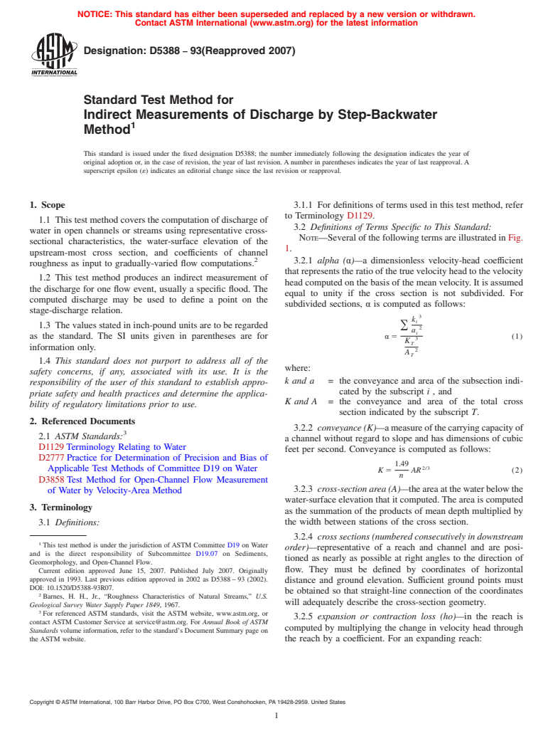 ASTM D5388-93(2007) - Standard Test Method for Indirect Measurements of Discharge by Step-Backwater Method