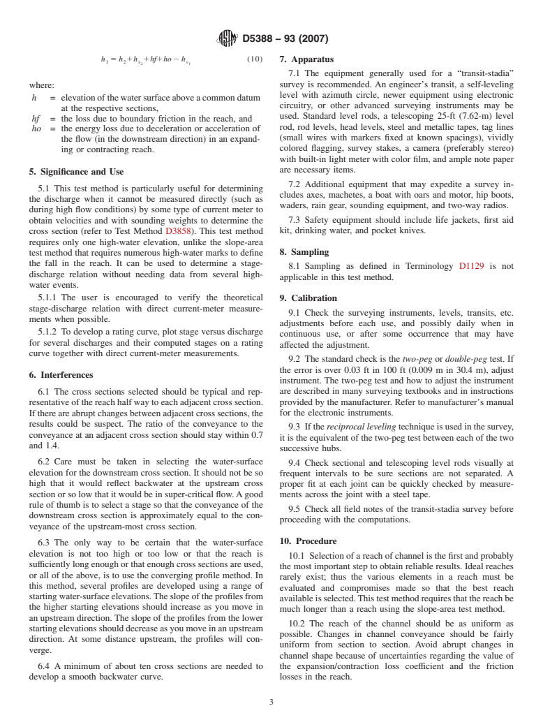 ASTM D5388-93(2007) - Standard Test Method for Indirect Measurements of Discharge by Step-Backwater Method