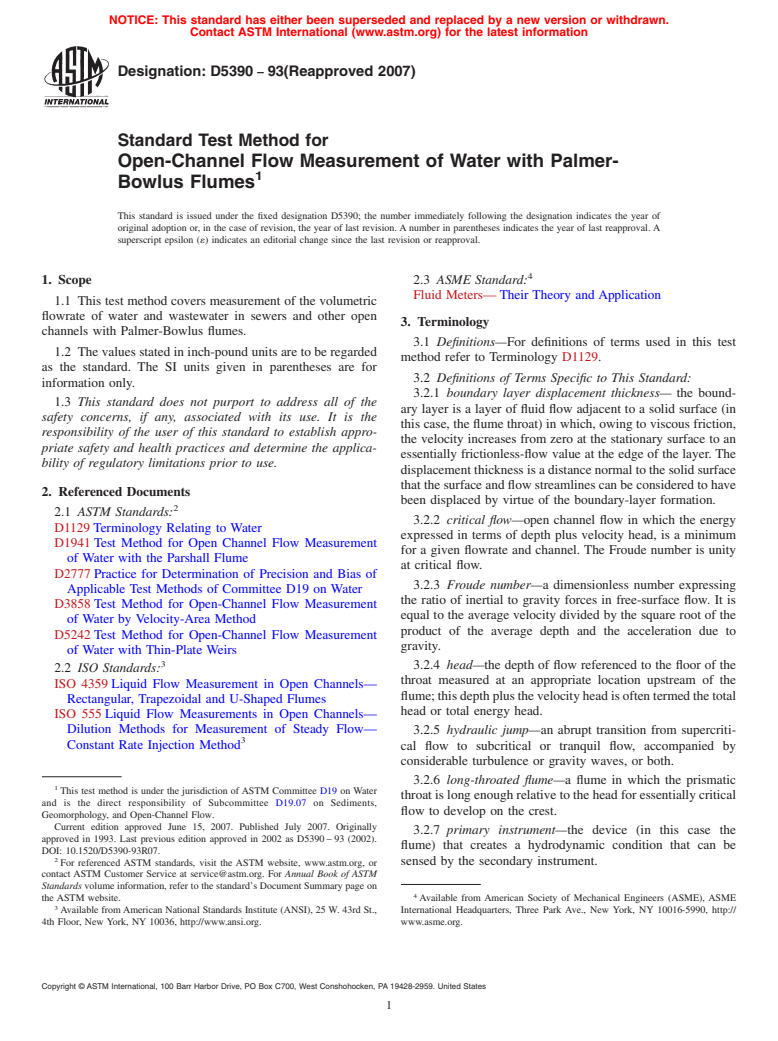 ASTM D5390-93(2007) - Standard Test Method for Open-Channel Flow Measurement of Water with Palmer-Bowlus Flumes