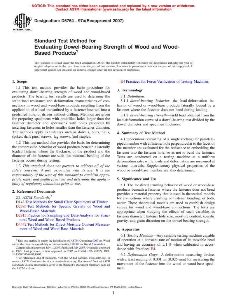 ASTM D5764-97a(2007) - Standard Test Method for Evaluating Dowel-Bearing Strength of Wood and Wood-Based Products