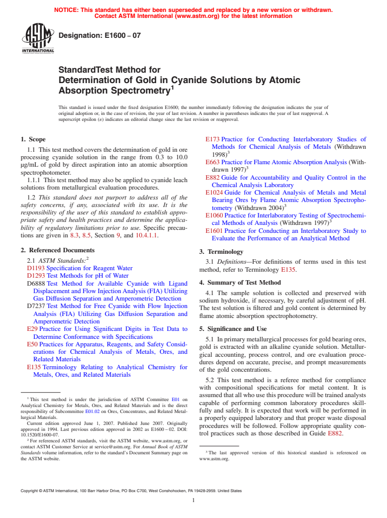 ASTM E1600-07 - Standard Test Method for Determination of Gold in Cyanide Solutions by Atomic Absorption Spectrometry