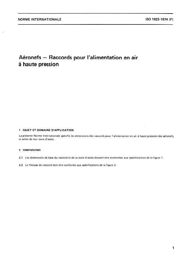 ISO 1023:1974 - Aéronefs -- Raccords pour l'alimentation en air a haute pression