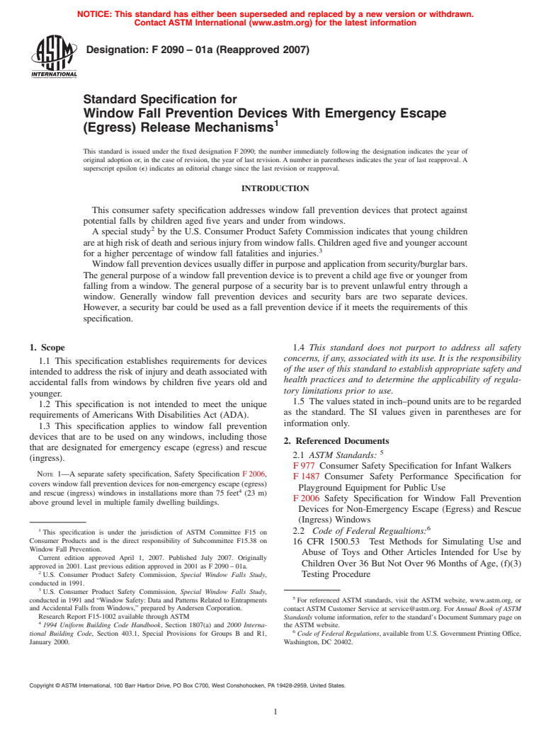 ASTM F2090-01a(2007) - Standard Specification for Window Fall Prevention Devices With Emergency Escape (Egress) Release Mechanisms