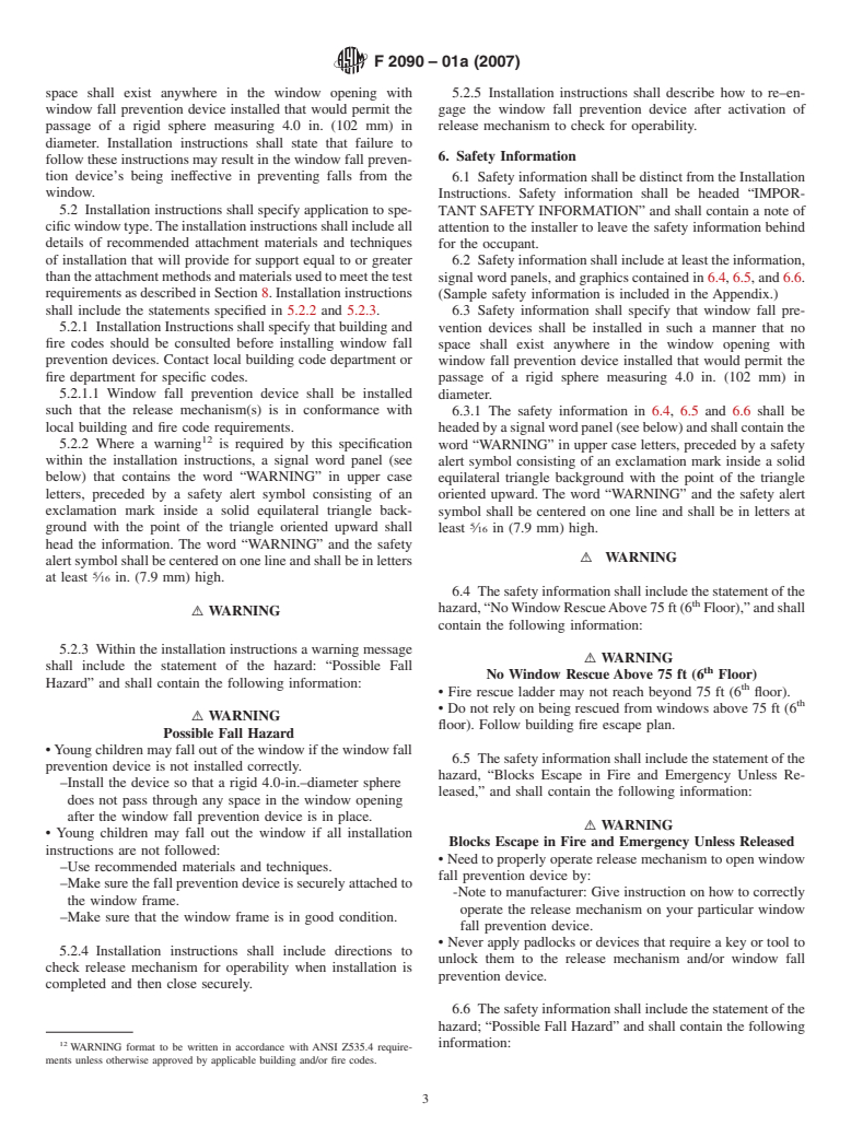 ASTM F2090-01a(2007) - Standard Specification for Window Fall Prevention Devices With Emergency Escape (Egress) Release Mechanisms