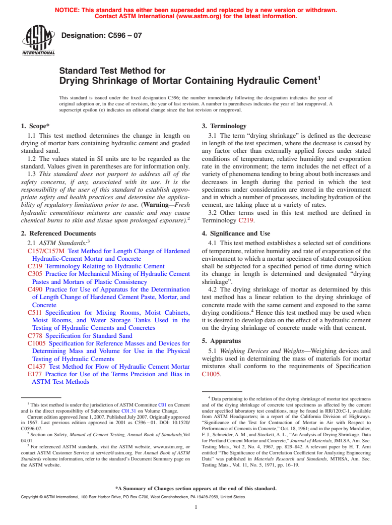 ASTM C596-07 - Standard Test Method for Drying Shrinkage of Mortar Containing Hydraulic Cement