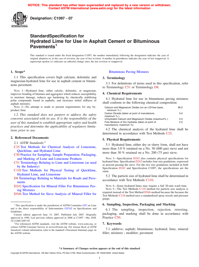 ASTM C1097-07 - Standard Specification for Hydrated Lime for Use in Asphalt Cement or Bituminous Pavements