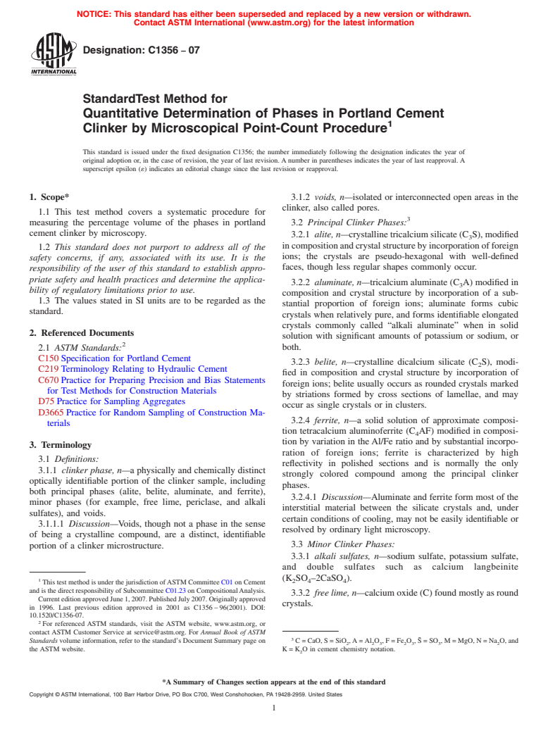 ASTM C1356-07 - Standard Test Method for Quantitative Determination of Phases in Portland Cement Clinker by Microscopical Point-Count Procedure