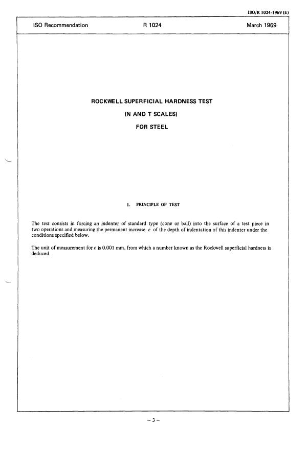 ISO/R 1024:1969 - Rockwell superficial hardness test (N and T scales) for steel