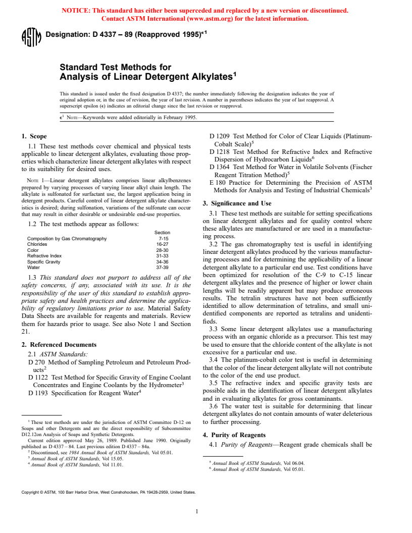 ASTM D4337-89(1995)e1 - Standard Test Methods for Analysis of Linear Detergent Alkylates