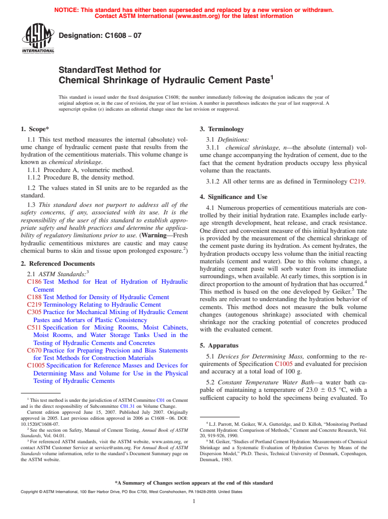 ASTM C1608-07 - Standard Test Method for Chemical Shrinkage of Hydraulic Cement Paste