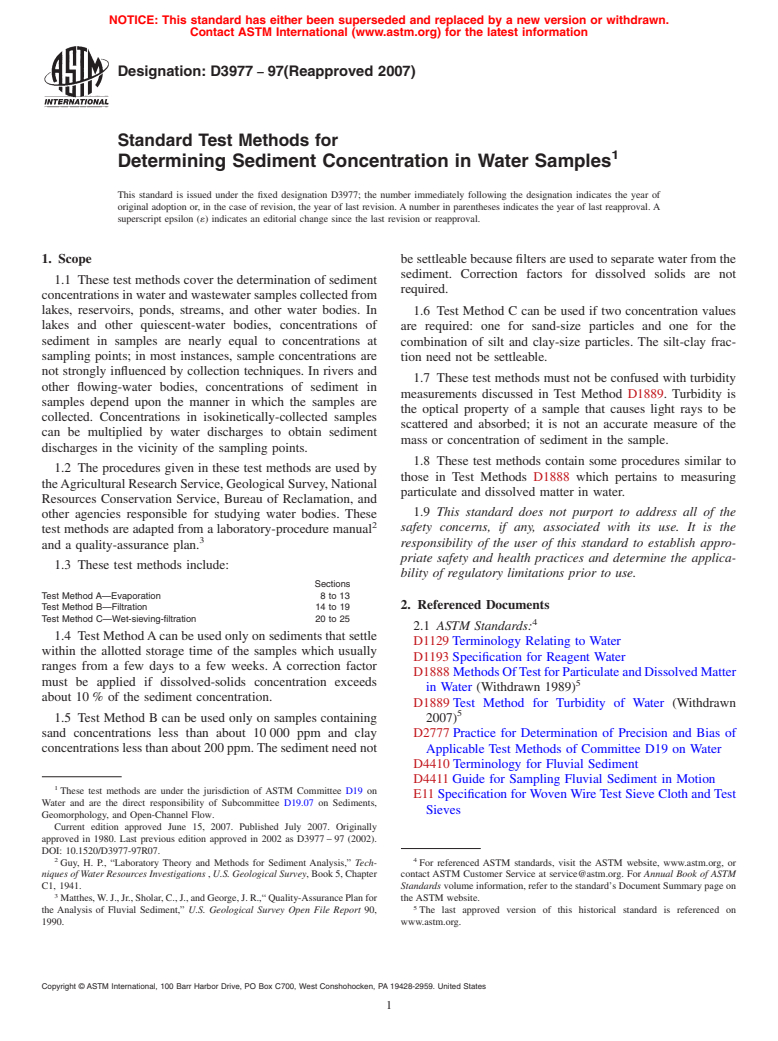 ASTM D3977-97(2007) - Standard Test Methods for Determining Sediment Concentration in Water Samples